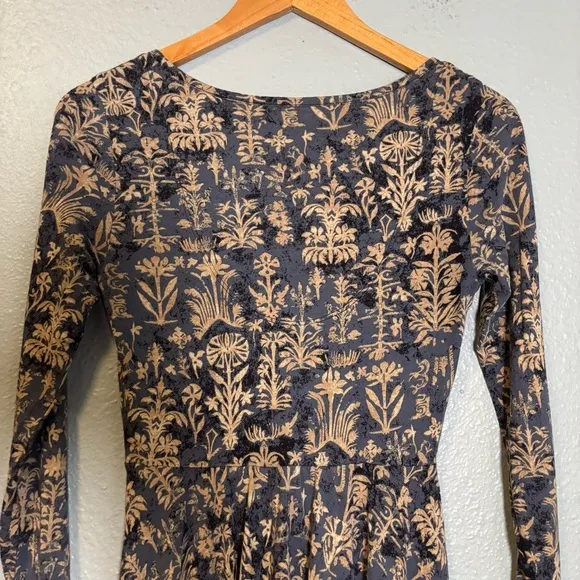 Peruvian Connection Blue Cream Batik Patter Long Sleeve Fit and Flare Dress