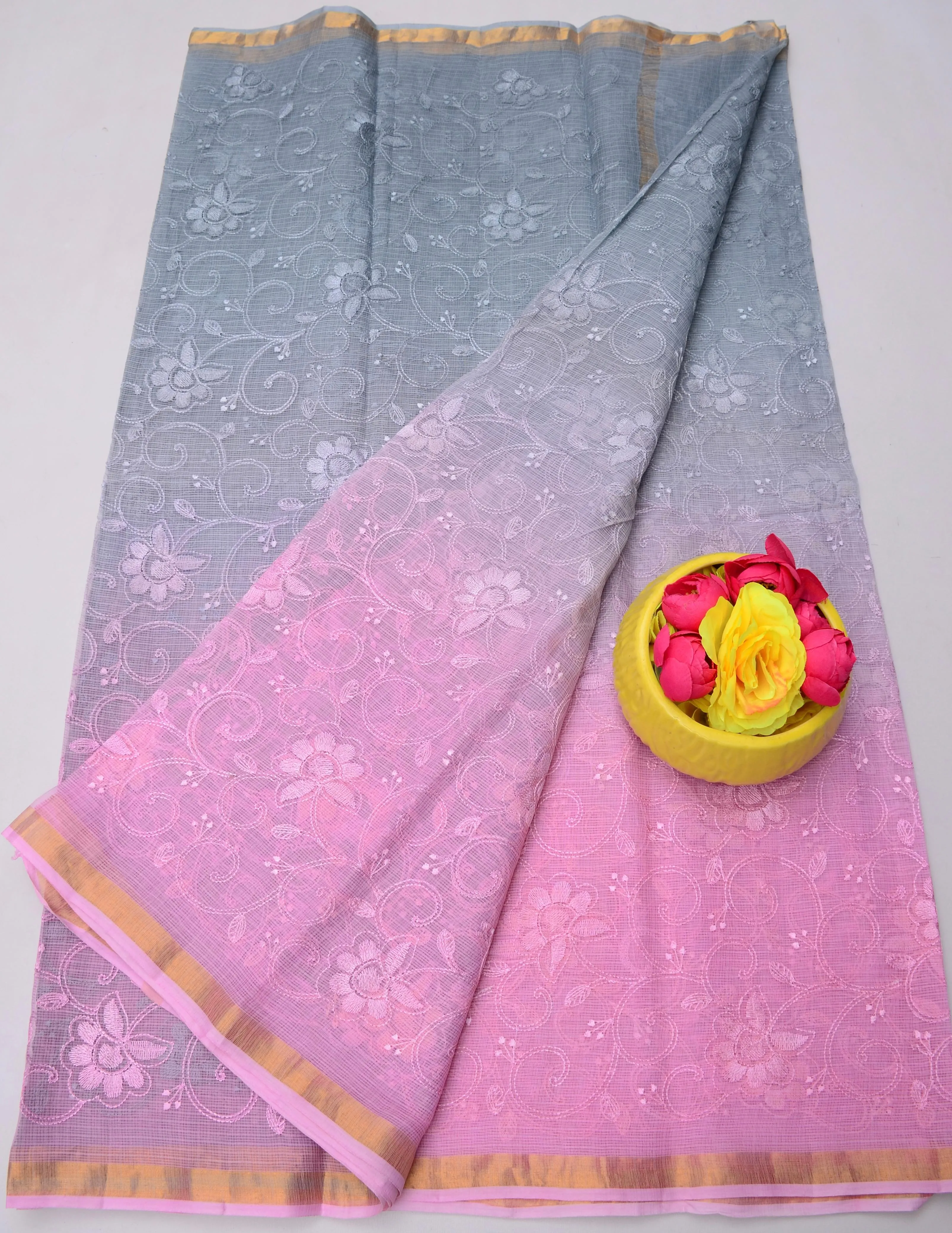 Pink & Grey Kota Doria Embroidery Work Saree