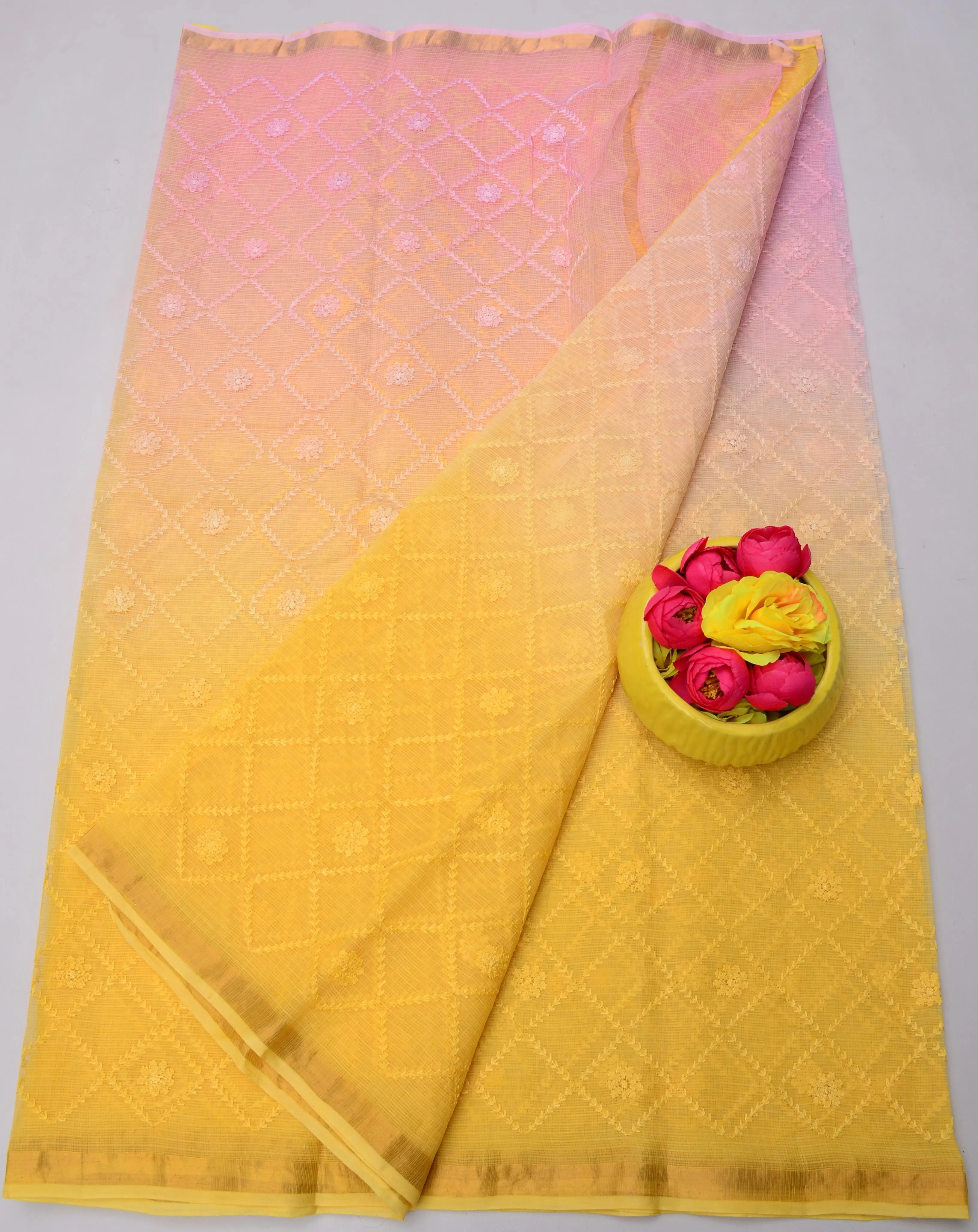 Pink & Yellow Kota Doria All Over Embroidery Work Saree