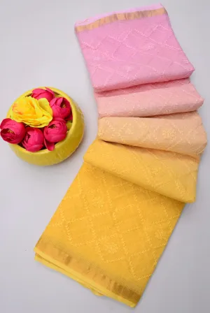 Pink & Yellow Kota Doria All Over Embroidery Work Saree