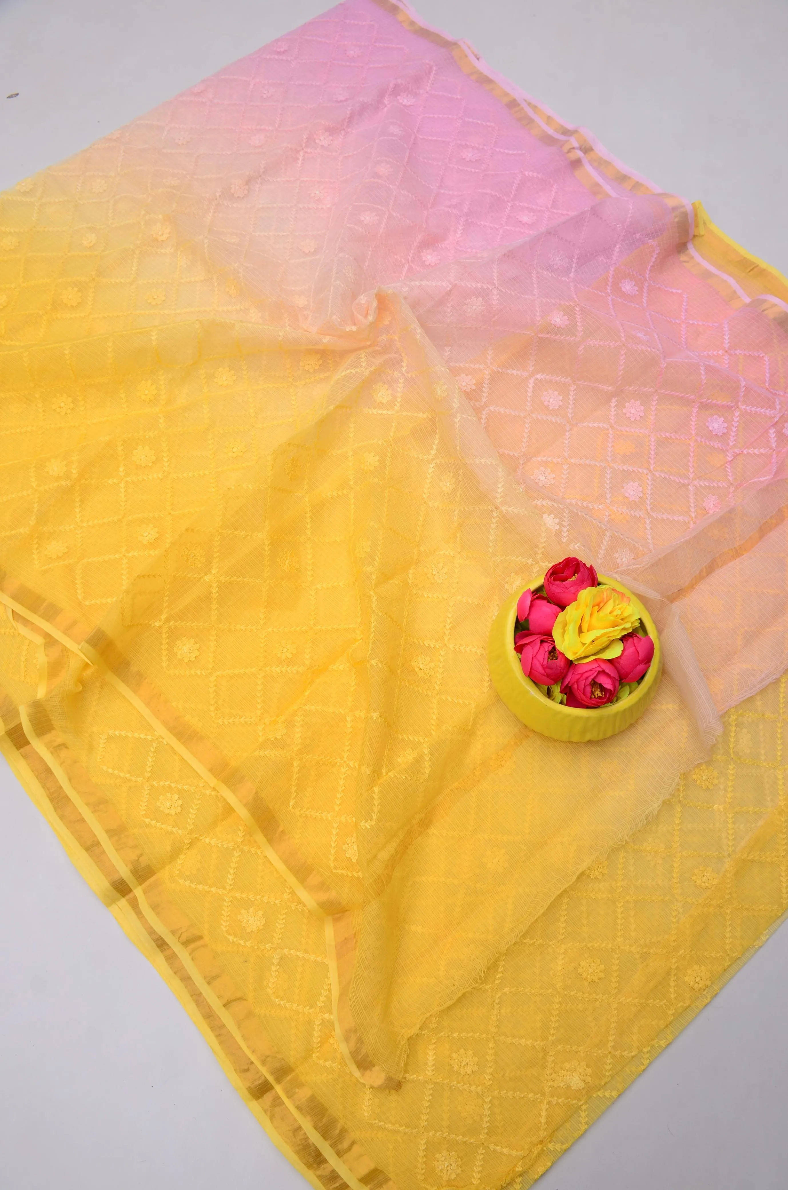 Pink & Yellow Kota Doria All Over Embroidery Work Saree