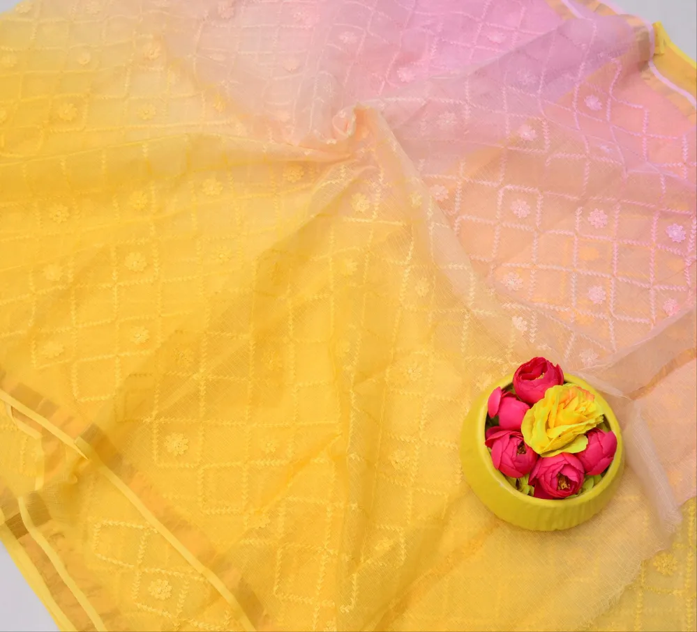 Pink & Yellow Kota Doria All Over Embroidery Work Saree
