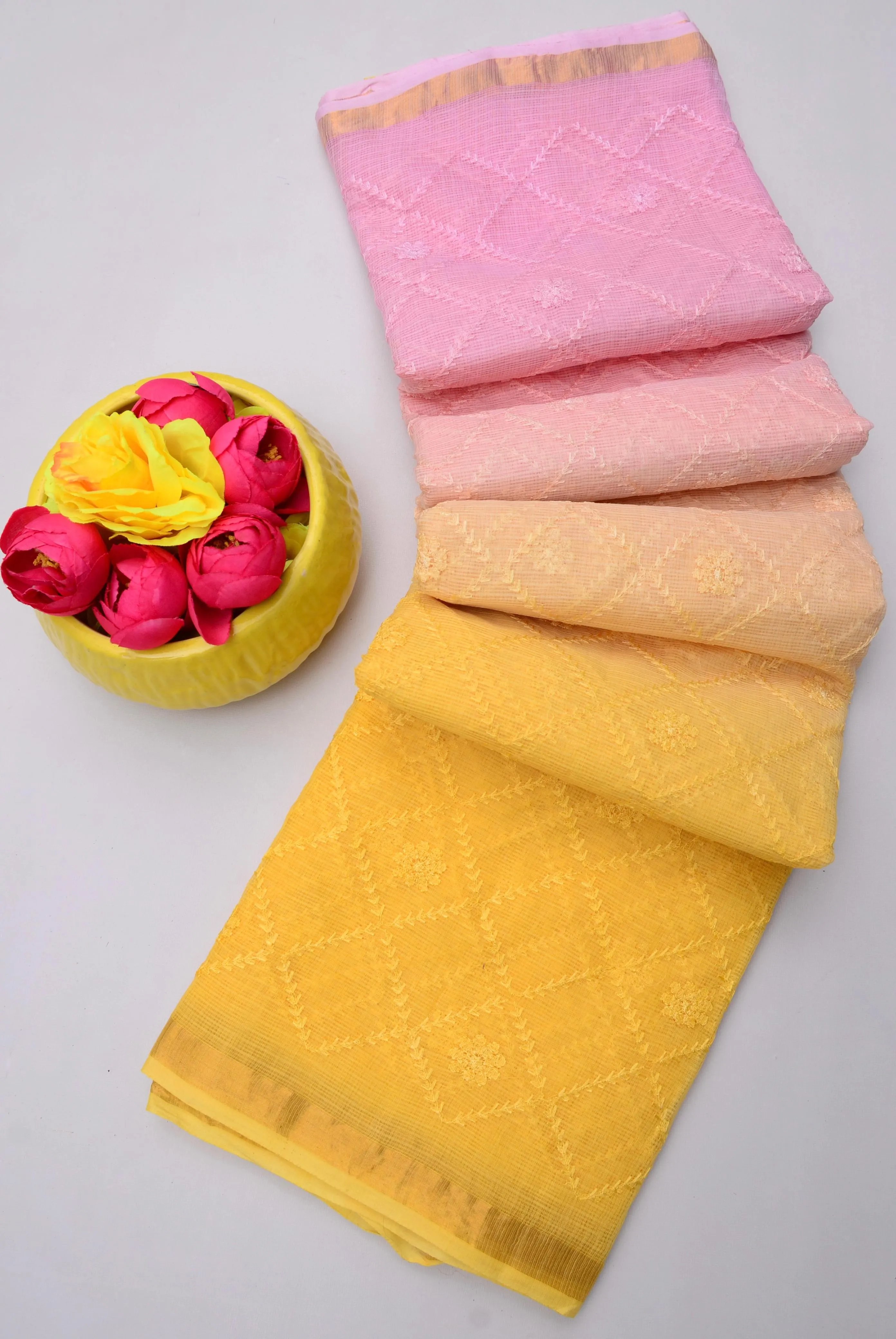 Pink & Yellow Kota Doria All Over Embroidery Work Saree