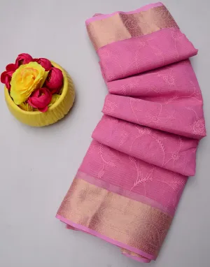 Pink Kota Doria All Over Embroidery Work Saree