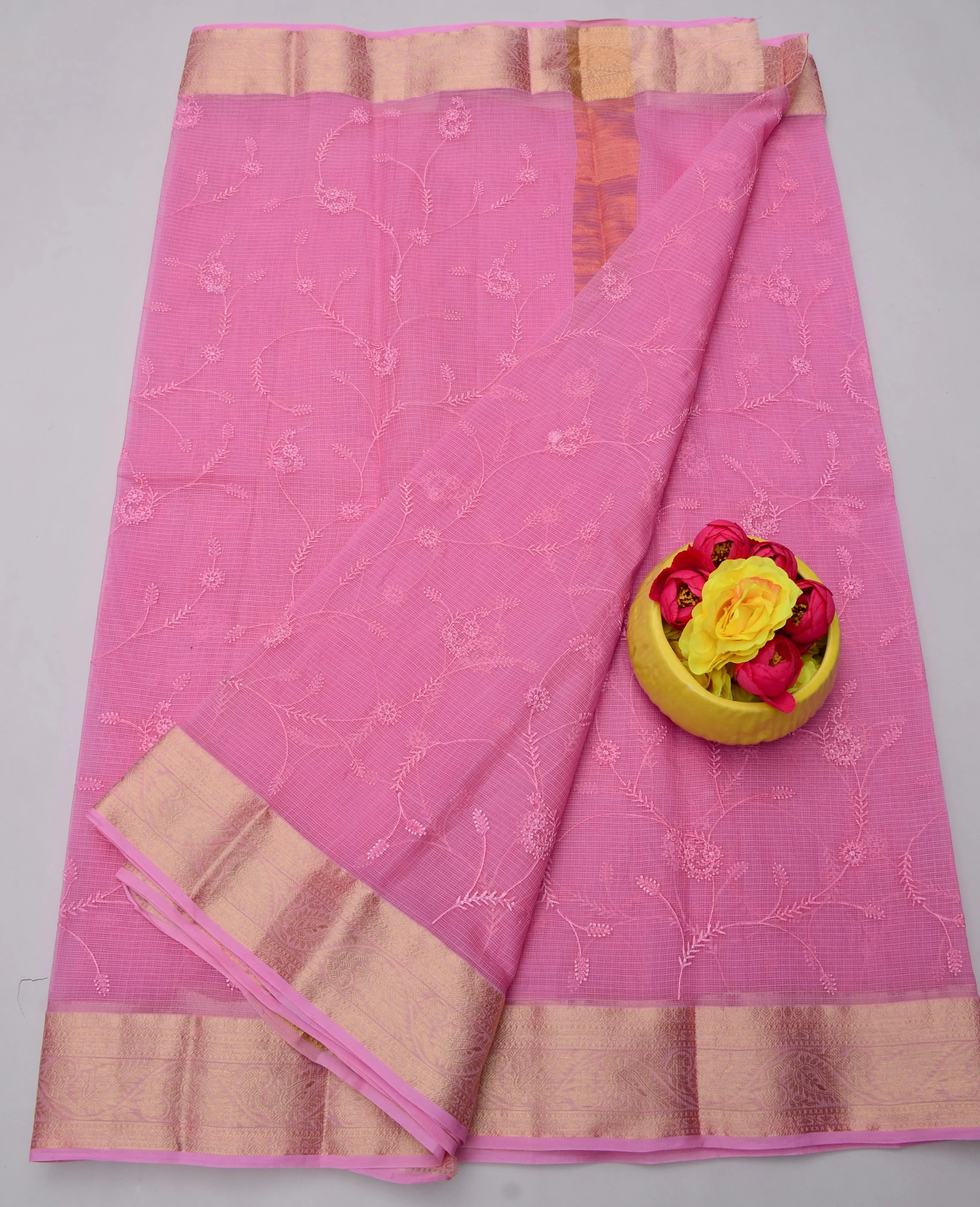 Pink Kota Doria All Over Embroidery Work Saree