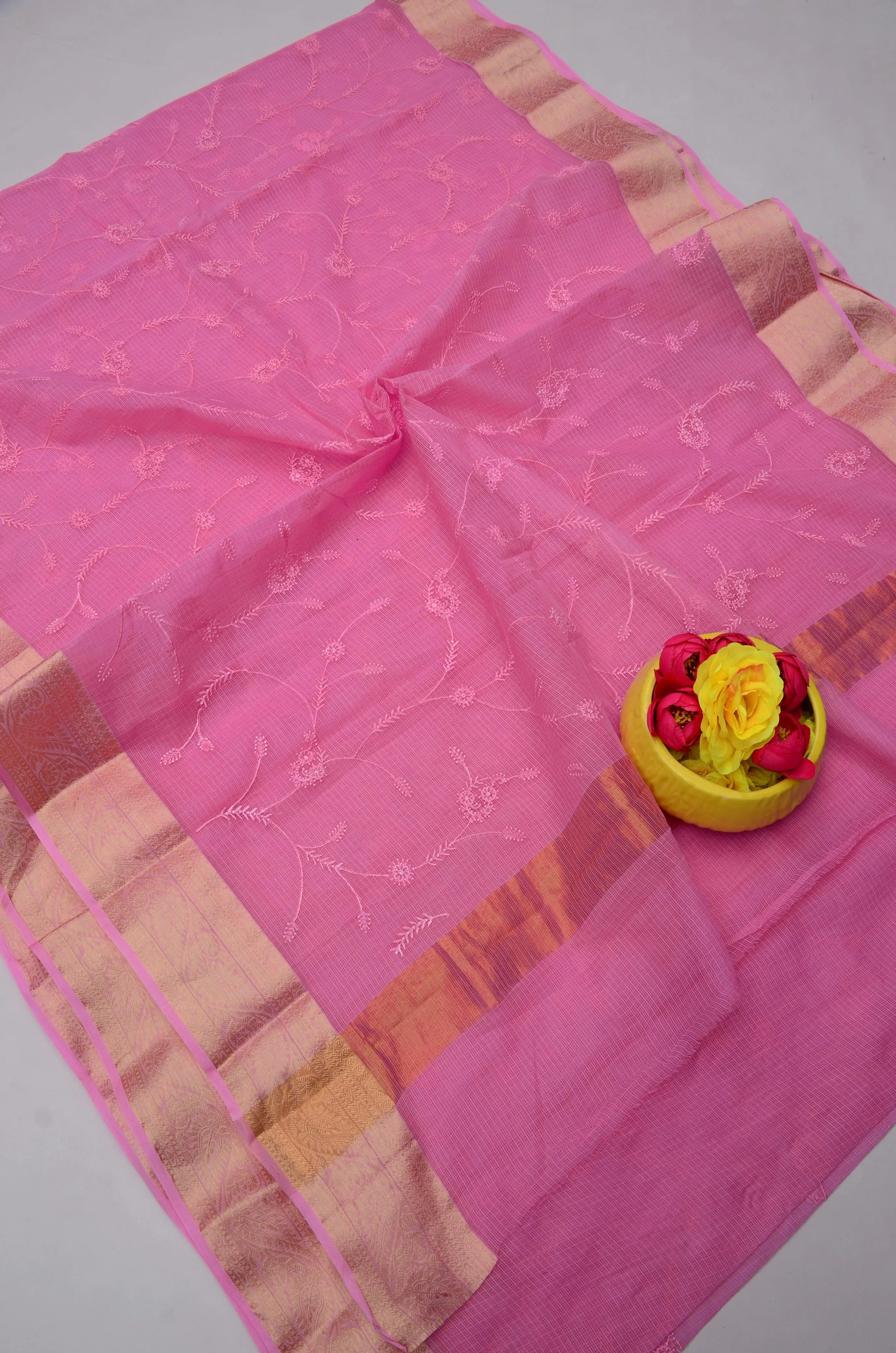 Pink Kota Doria All Over Embroidery Work Saree