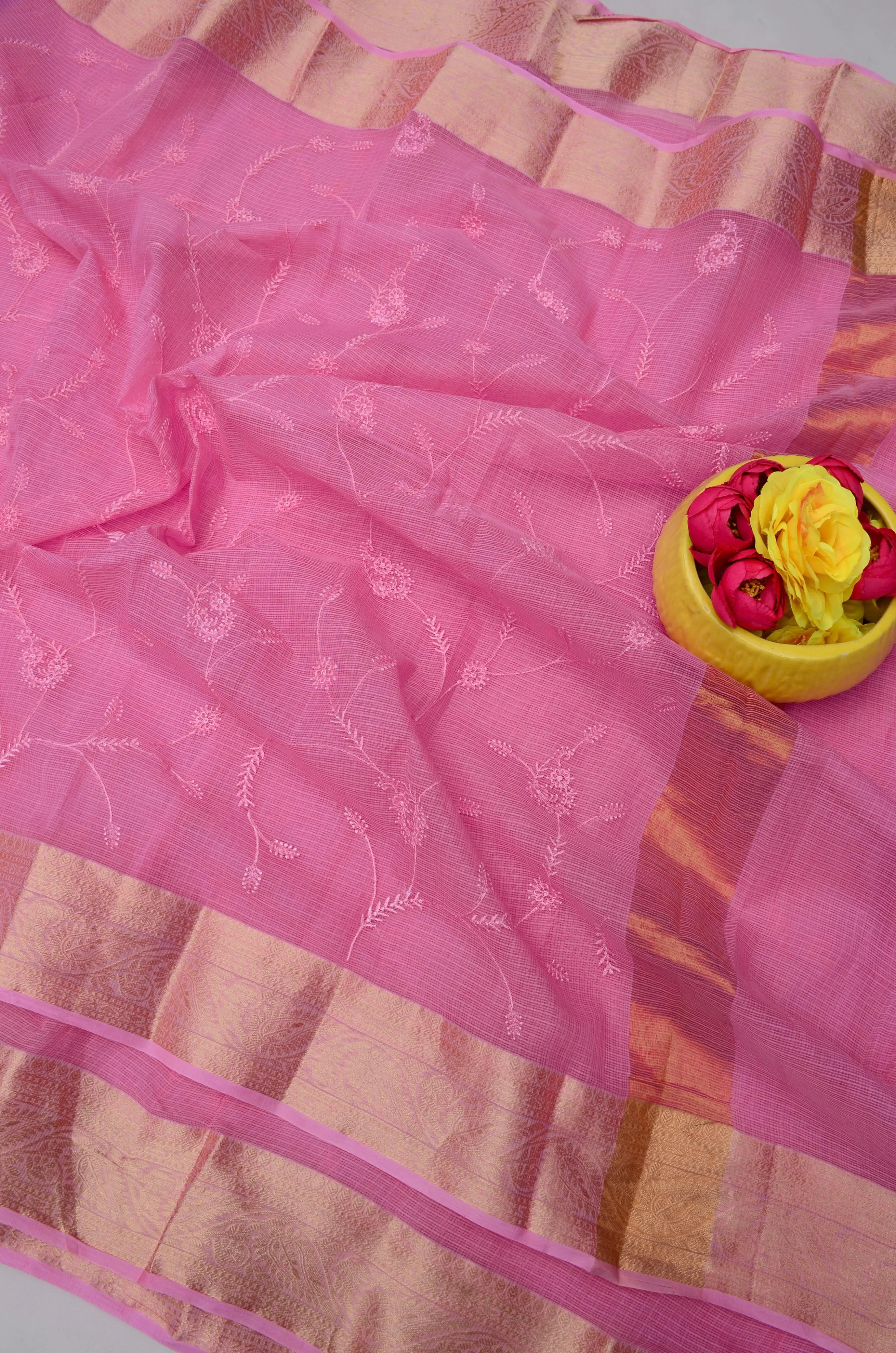 Pink Kota Doria All Over Embroidery Work Saree