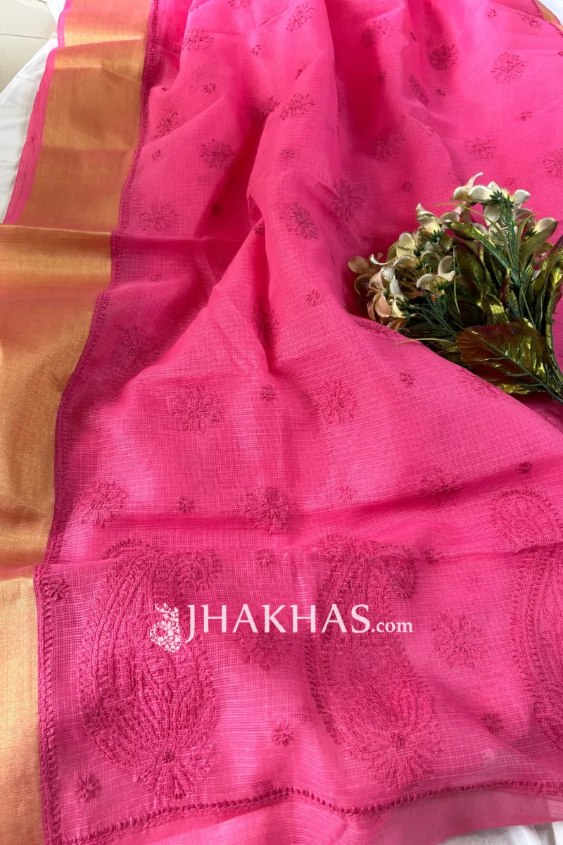 Pink Kota Doria Chikankari Work Saree