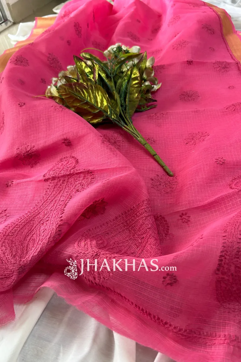 Pink Kota Doria Chikankari Work Saree