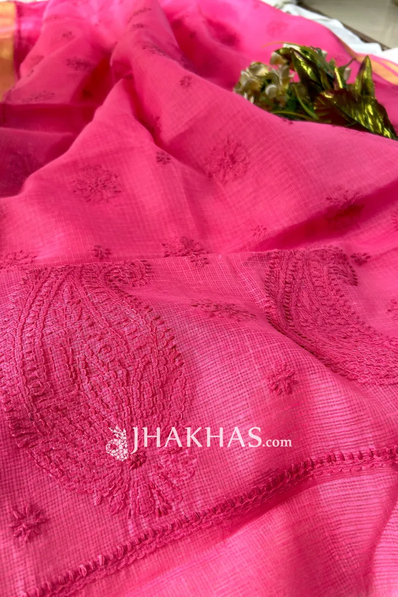 Pink Kota Doria Chikankari Work Saree
