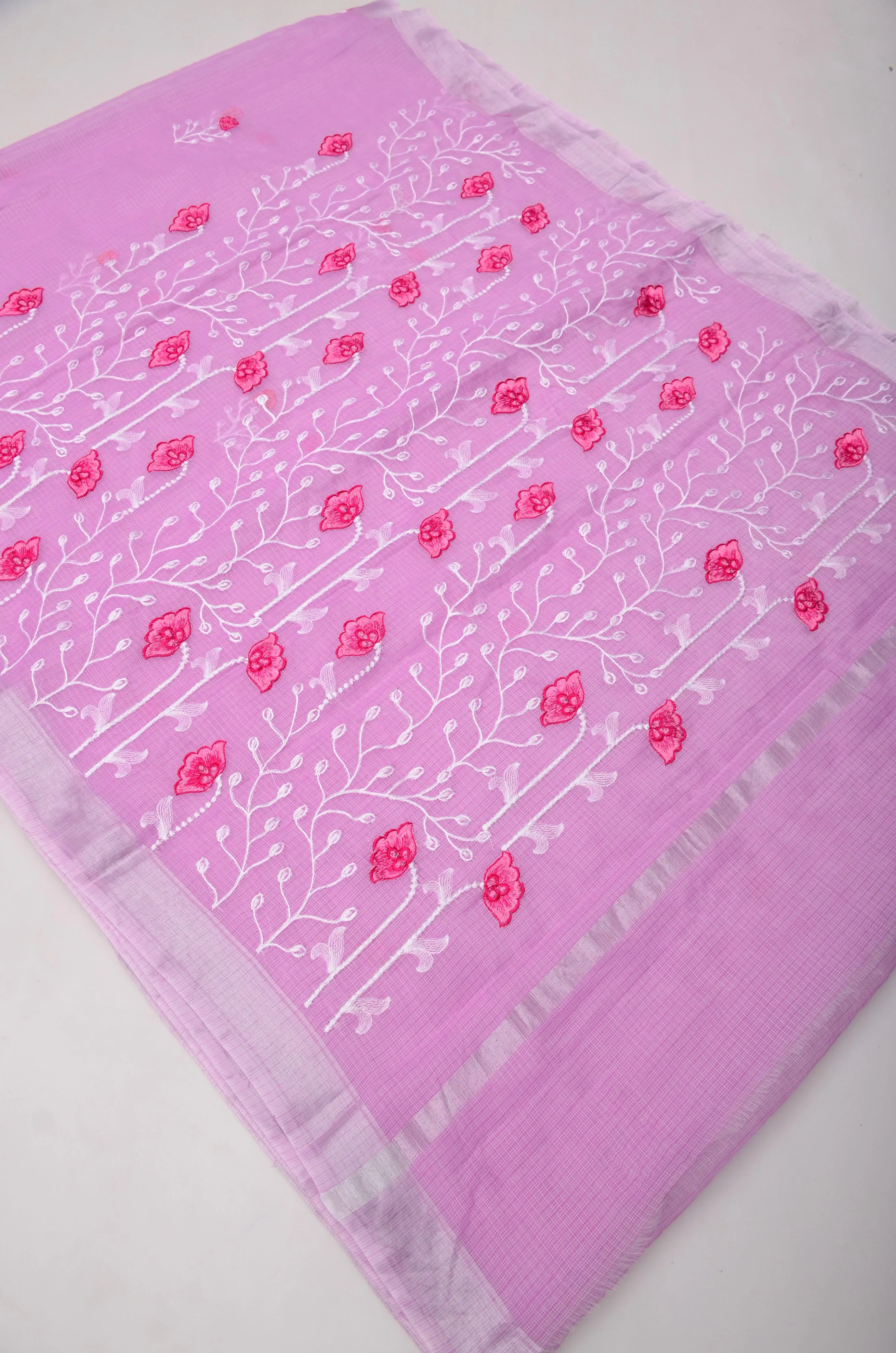 Pink Kota Doria Embroidery Work Saree