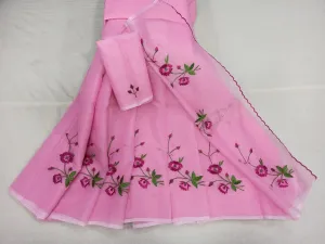 pink Kota Doria Embroidery Work Saree