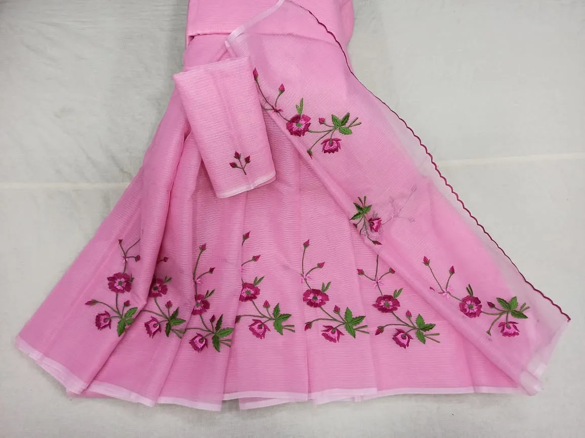 pink Kota Doria Embroidery Work Saree
