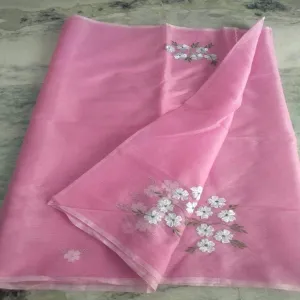 Pink Kota Doria Embroidery Work Saree