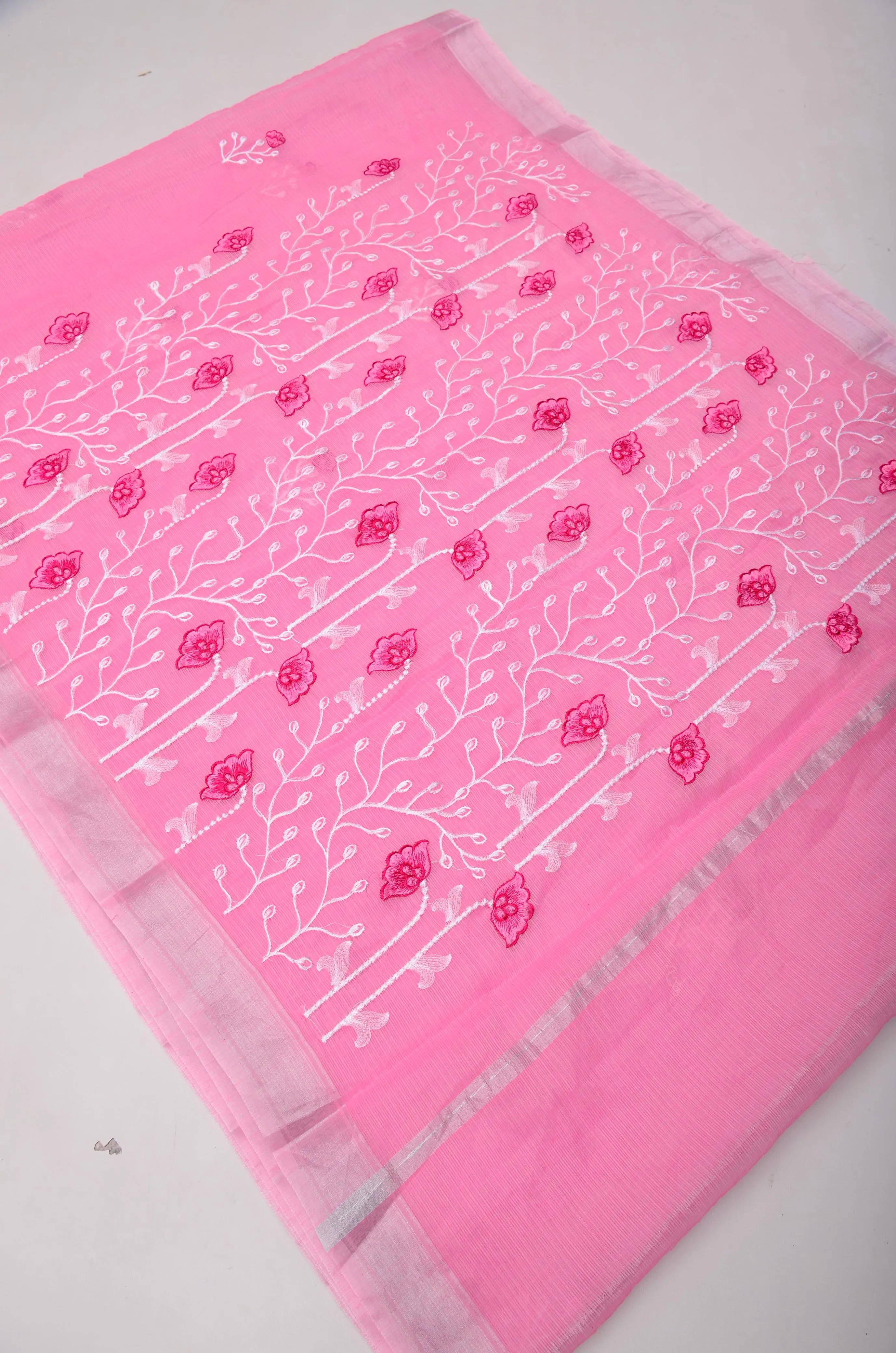 Pink Kota Doria Embroidery Work Saree