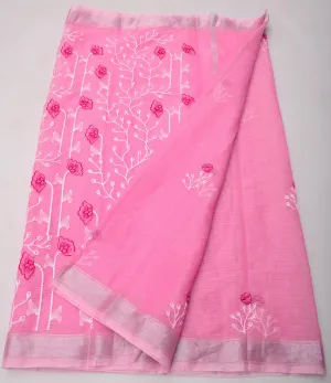 Pink Kota Doria Embroidery Work Saree