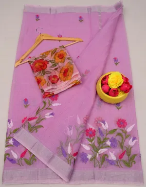 Pink Kota Doria Embroidery Work Saree