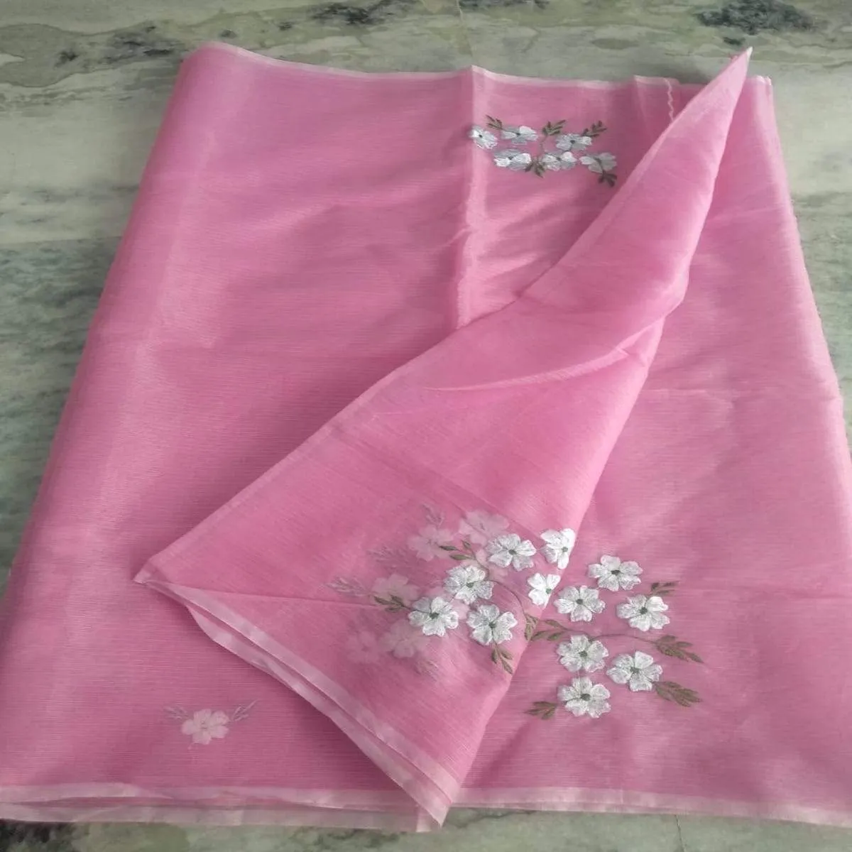 Pink Kota Doria Embroidery Work Saree