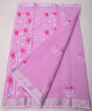 Pink Kota Doria Embroidery Work Saree