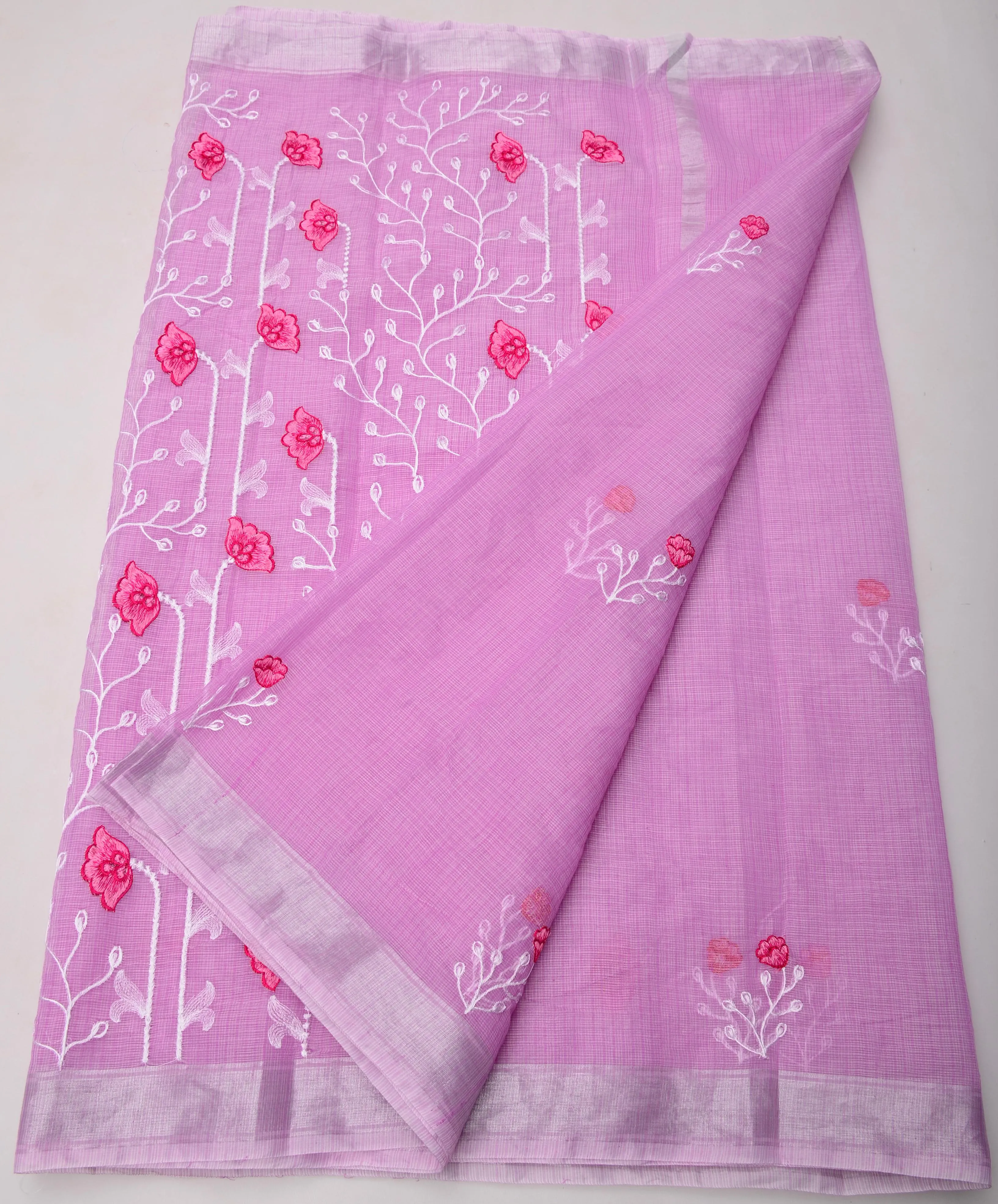 Pink Kota Doria Embroidery Work Saree
