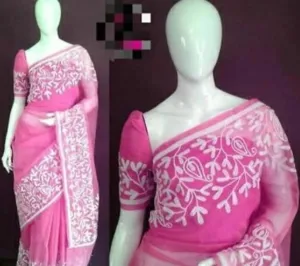 Pink Kota Doria Embroidery Work Sari