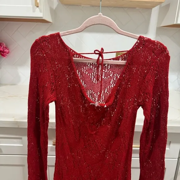 Princess Polly Pricely Long Sleeve Maxi Dress Red Sheer Knit Crochet Floral