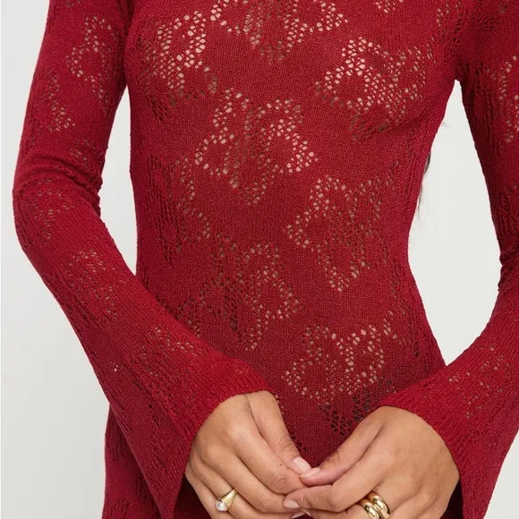 Princess Polly Pricely Long Sleeve Maxi Dress Red Sheer Knit Crochet Floral