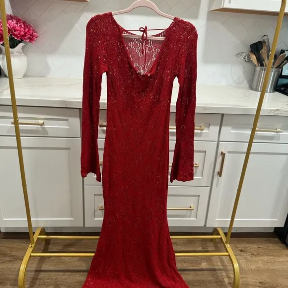 Princess Polly Pricely Long Sleeve Maxi Dress Red Sheer Knit Crochet Floral