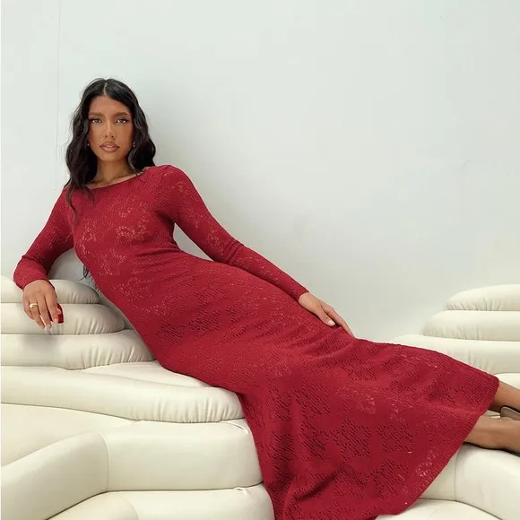 Princess Polly Pricely Long Sleeve Maxi Dress Red Sheer Knit Crochet Floral