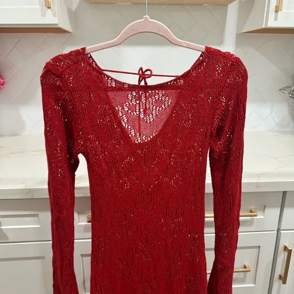 Princess Polly Pricely Long Sleeve Maxi Dress Red Sheer Knit Crochet Floral