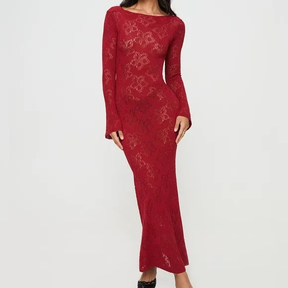 Princess Polly Pricely Long Sleeve Maxi Dress Red Sheer Knit Crochet Floral