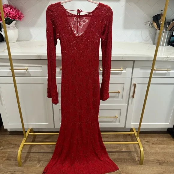 Princess Polly Pricely Long Sleeve Maxi Dress Red Sheer Knit Crochet Floral