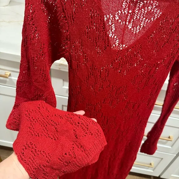 Princess Polly Pricely Long Sleeve Maxi Dress Red Sheer Knit Crochet Floral