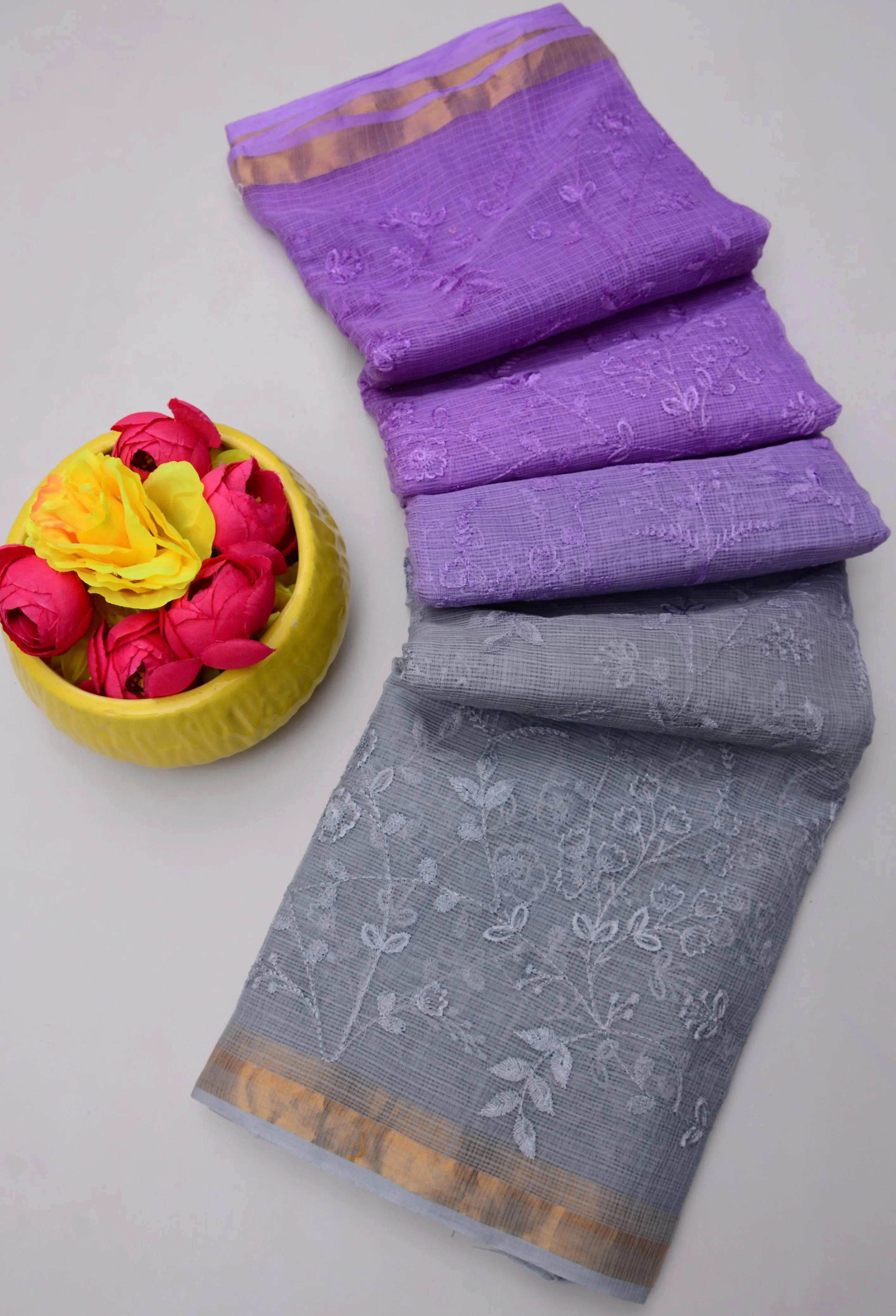 Purple & Grey Kota Doria Embroidery Work Saree