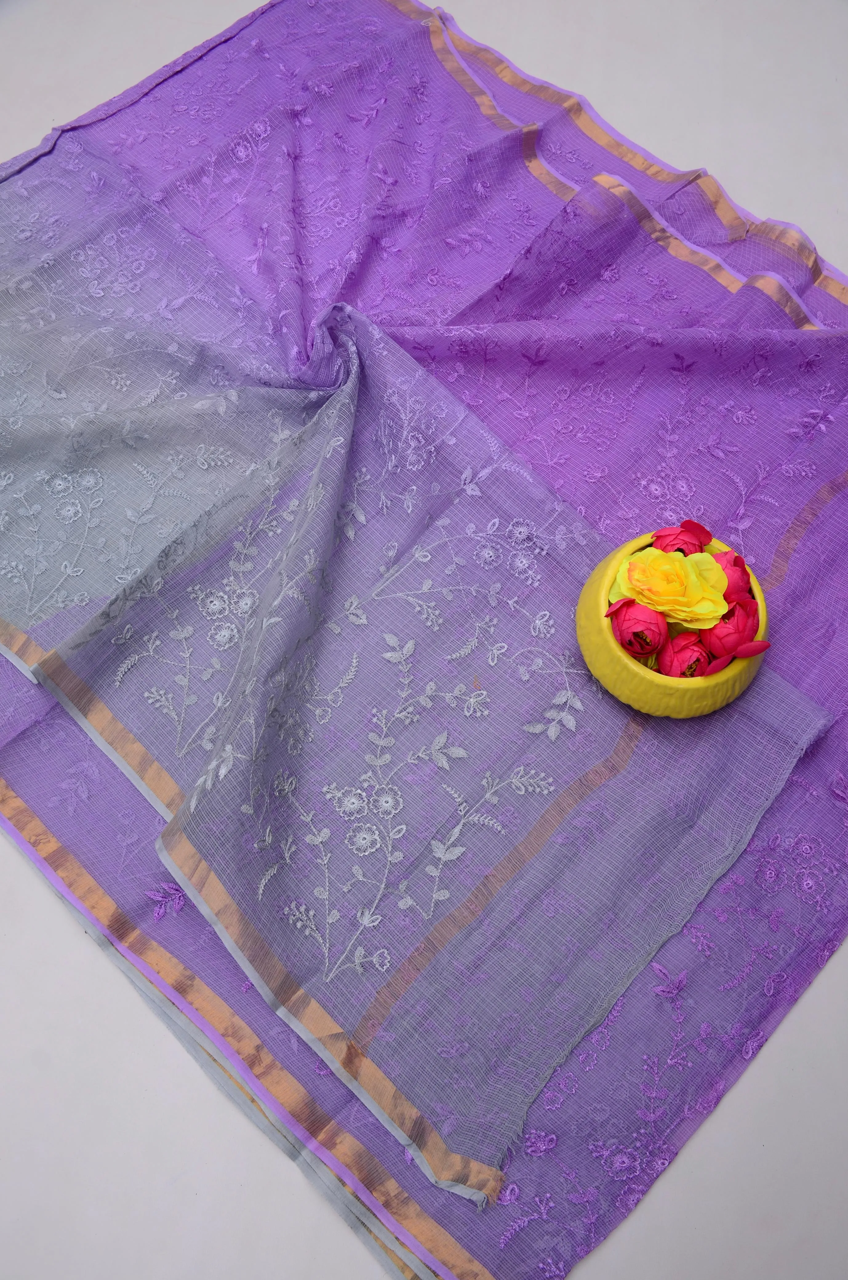 Purple & Grey Kota Doria Embroidery Work Saree