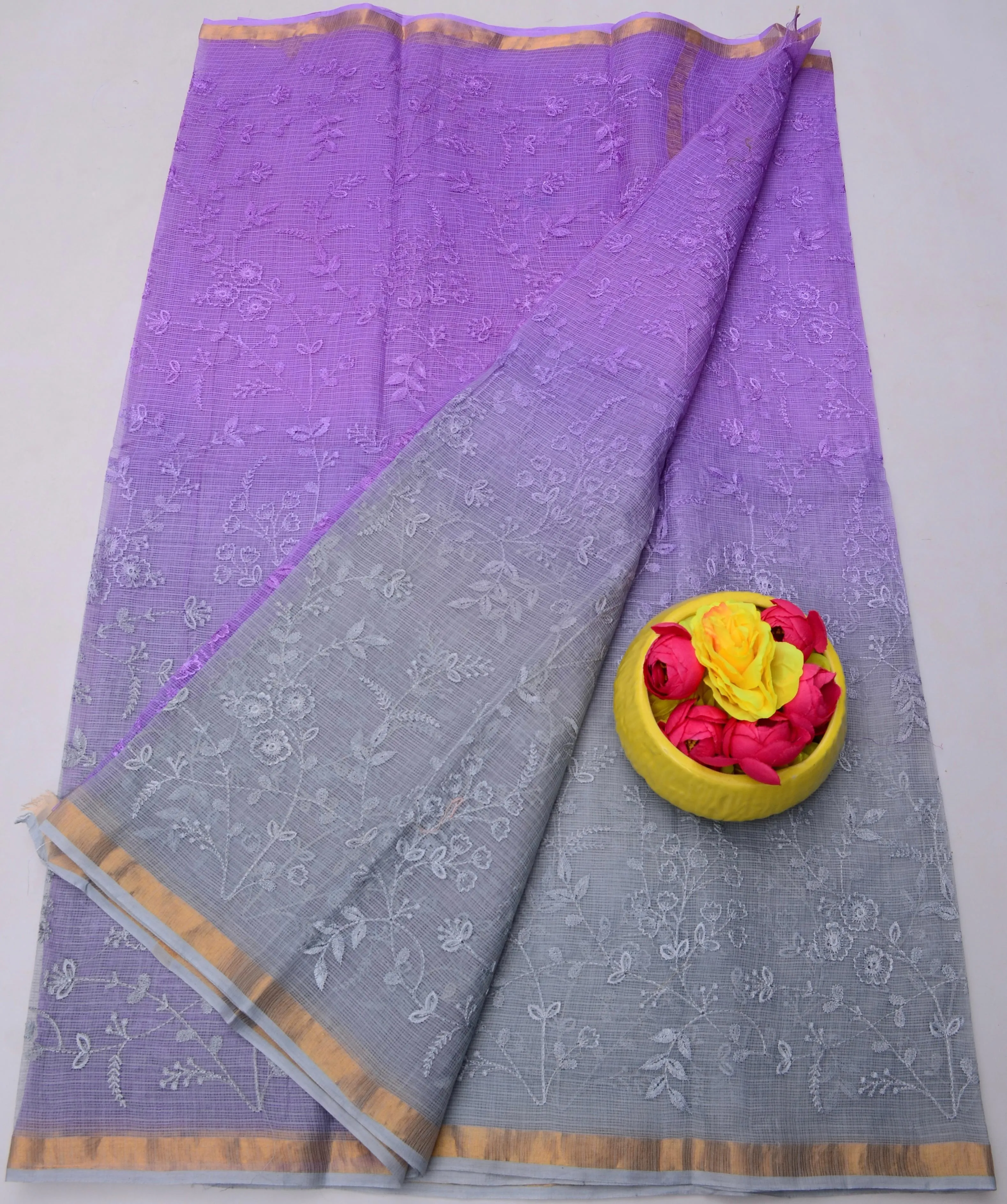 Purple & Grey Kota Doria Embroidery Work Saree
