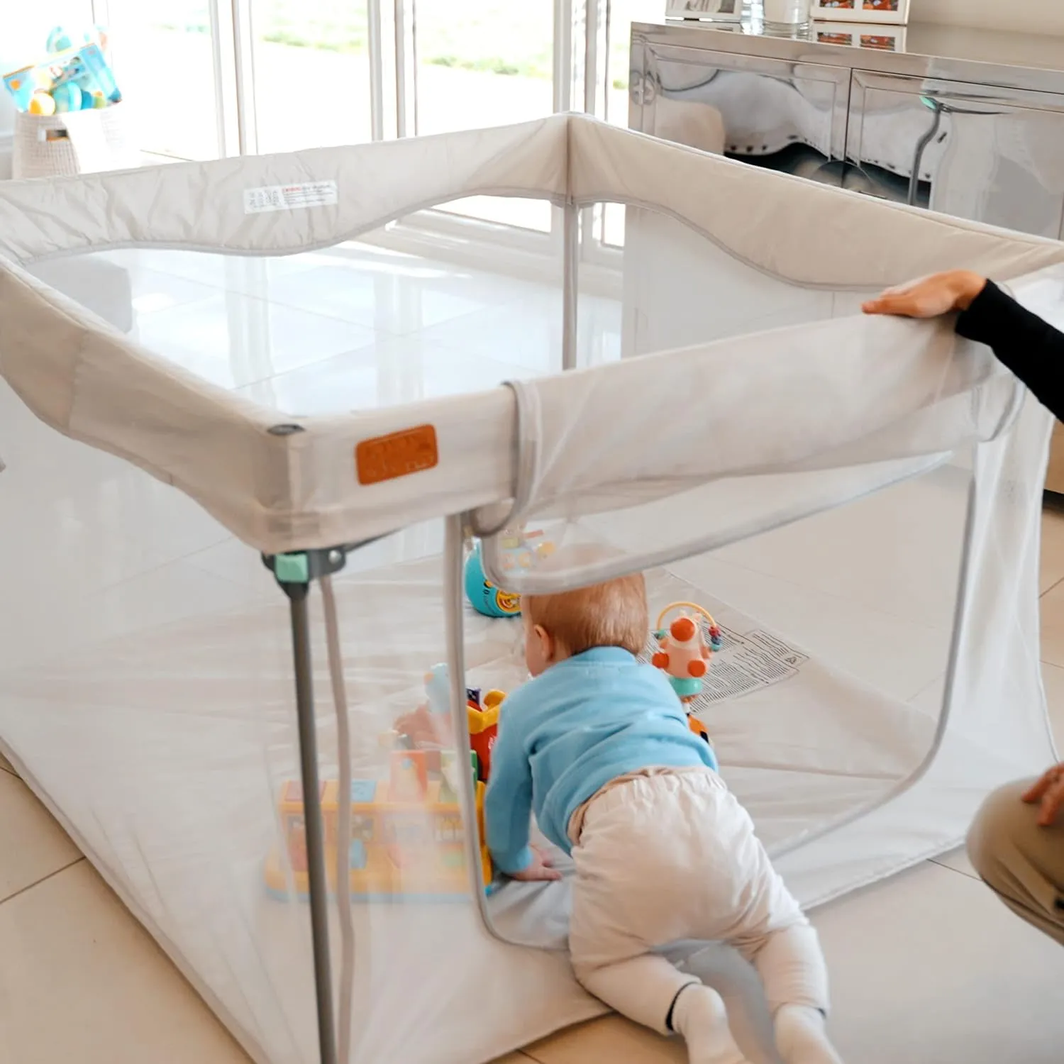 Quick Open & Close Folding | Foldable Playpen | Fitted Mat| Travel Bag | Grey | 110cm Square |0-36m