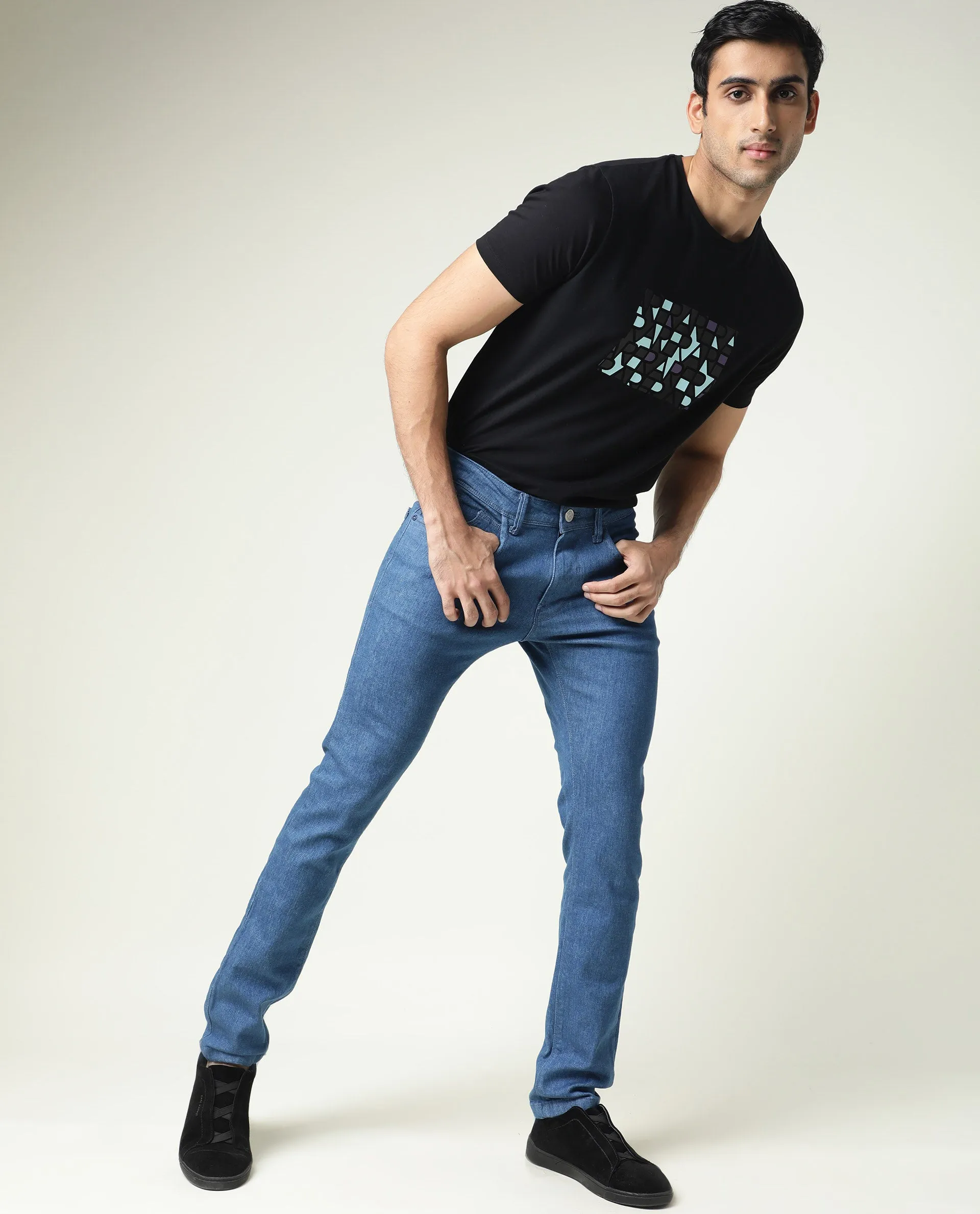 Rare Rabbit Men's Decca Blue Mid Wash Mid-Rise Slim Fit Jeans