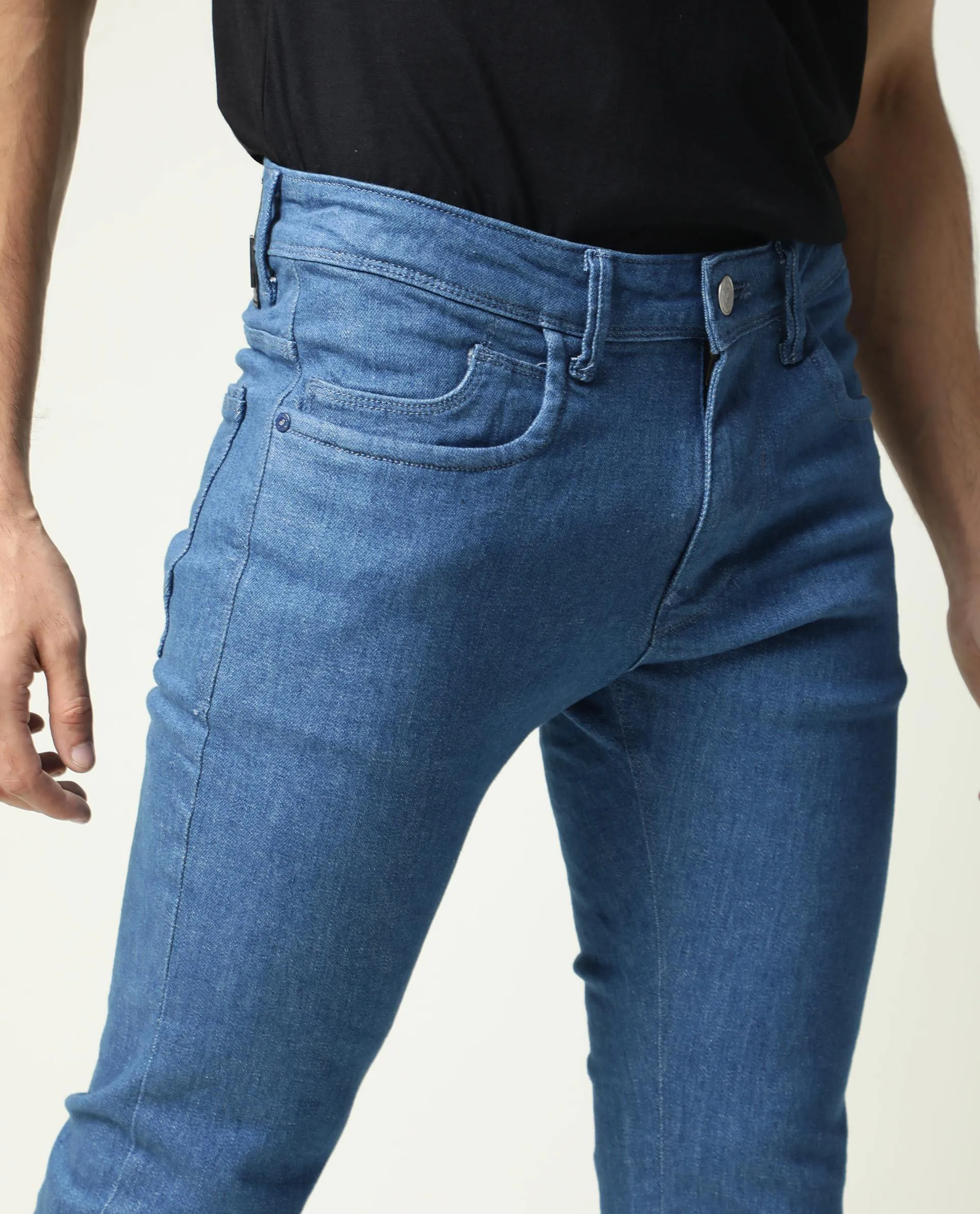 Rare Rabbit Men's Decca Blue Mid Wash Mid-Rise Slim Fit Jeans