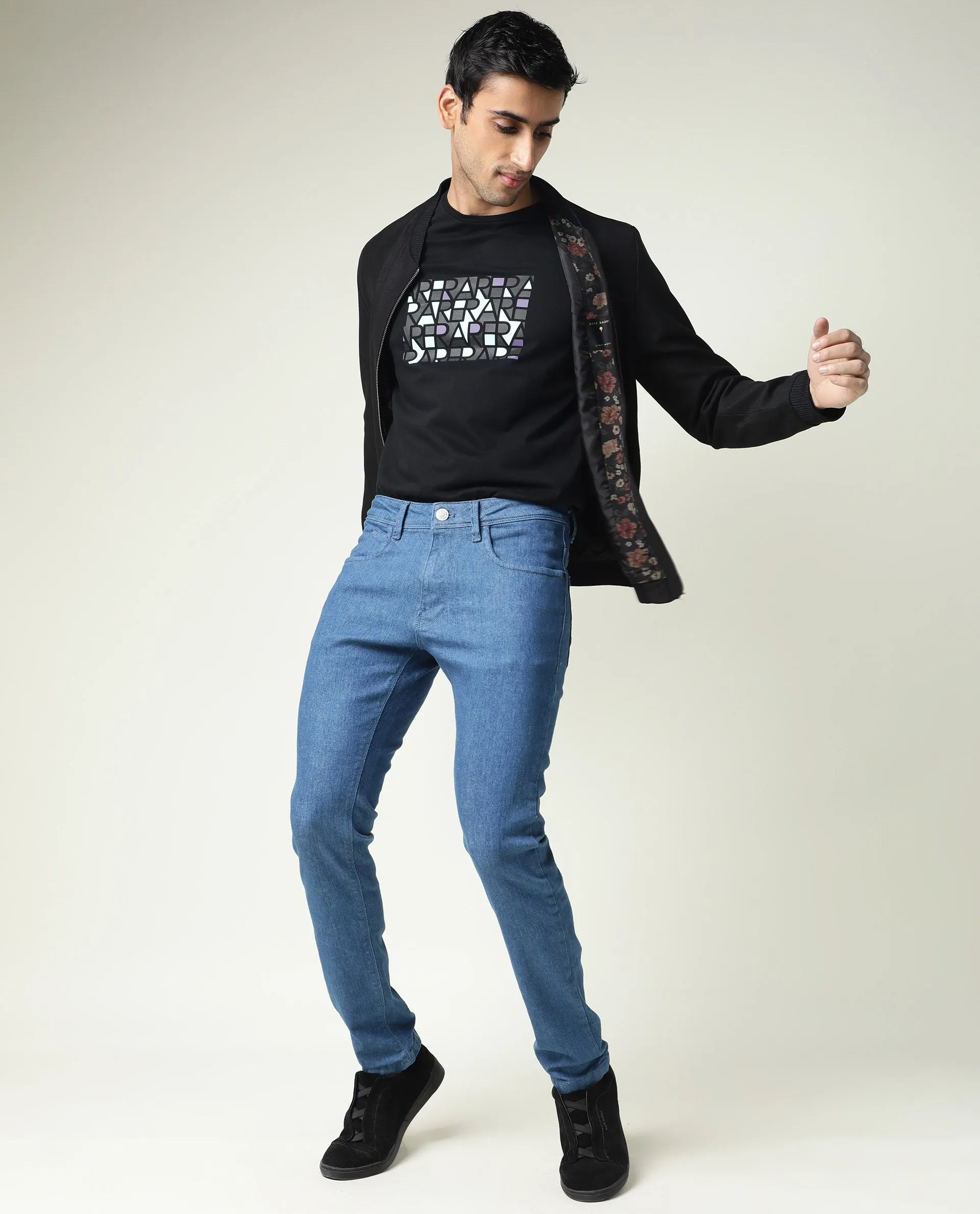 Rare Rabbit Men's Decca Blue Mid Wash Mid-Rise Slim Fit Jeans