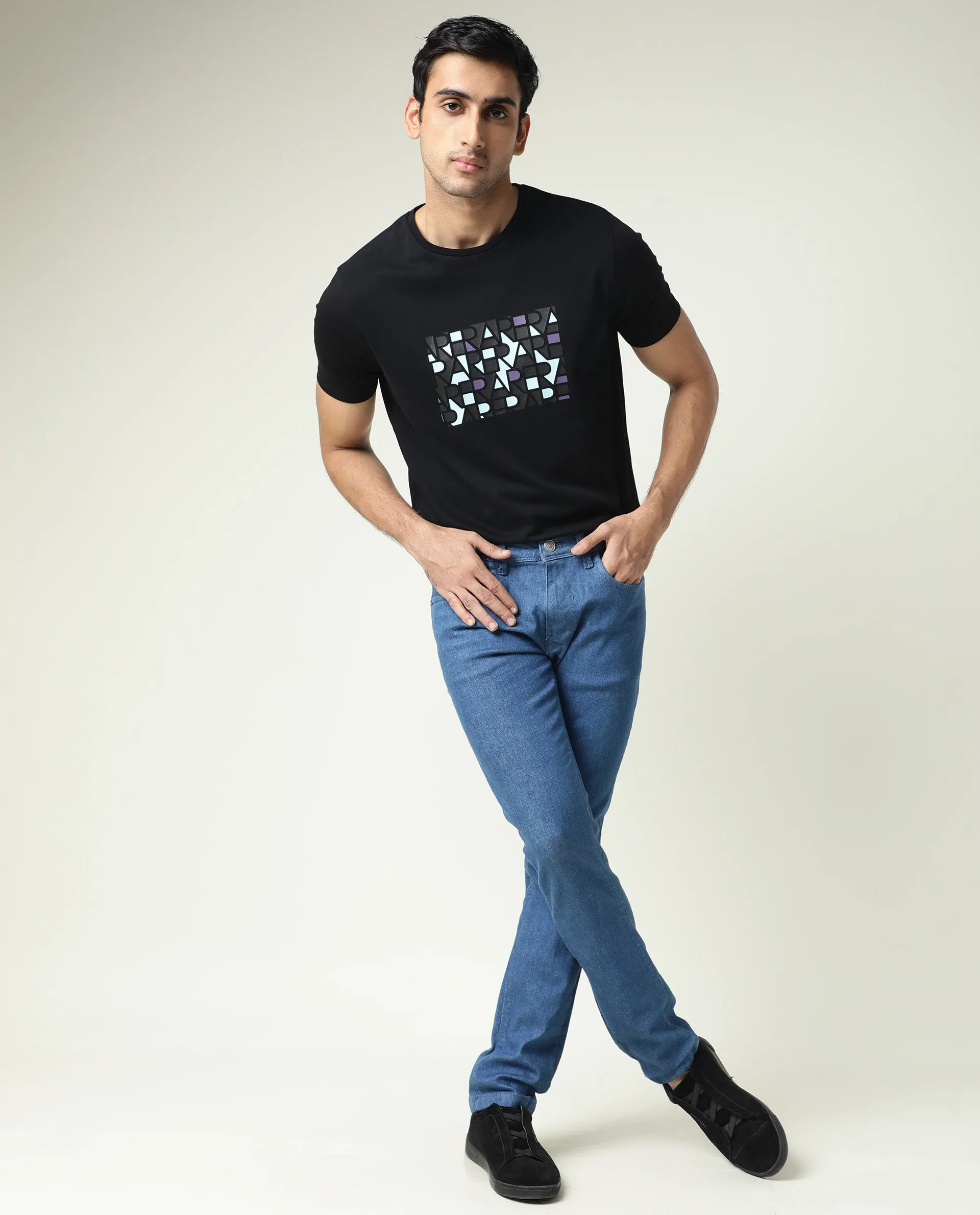 Rare Rabbit Men's Decca Blue Mid Wash Mid-Rise Slim Fit Jeans