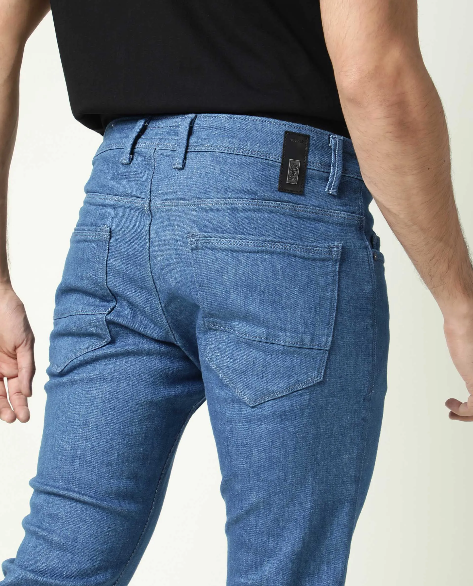 Rare Rabbit Men's Decca Blue Mid Wash Mid-Rise Slim Fit Jeans