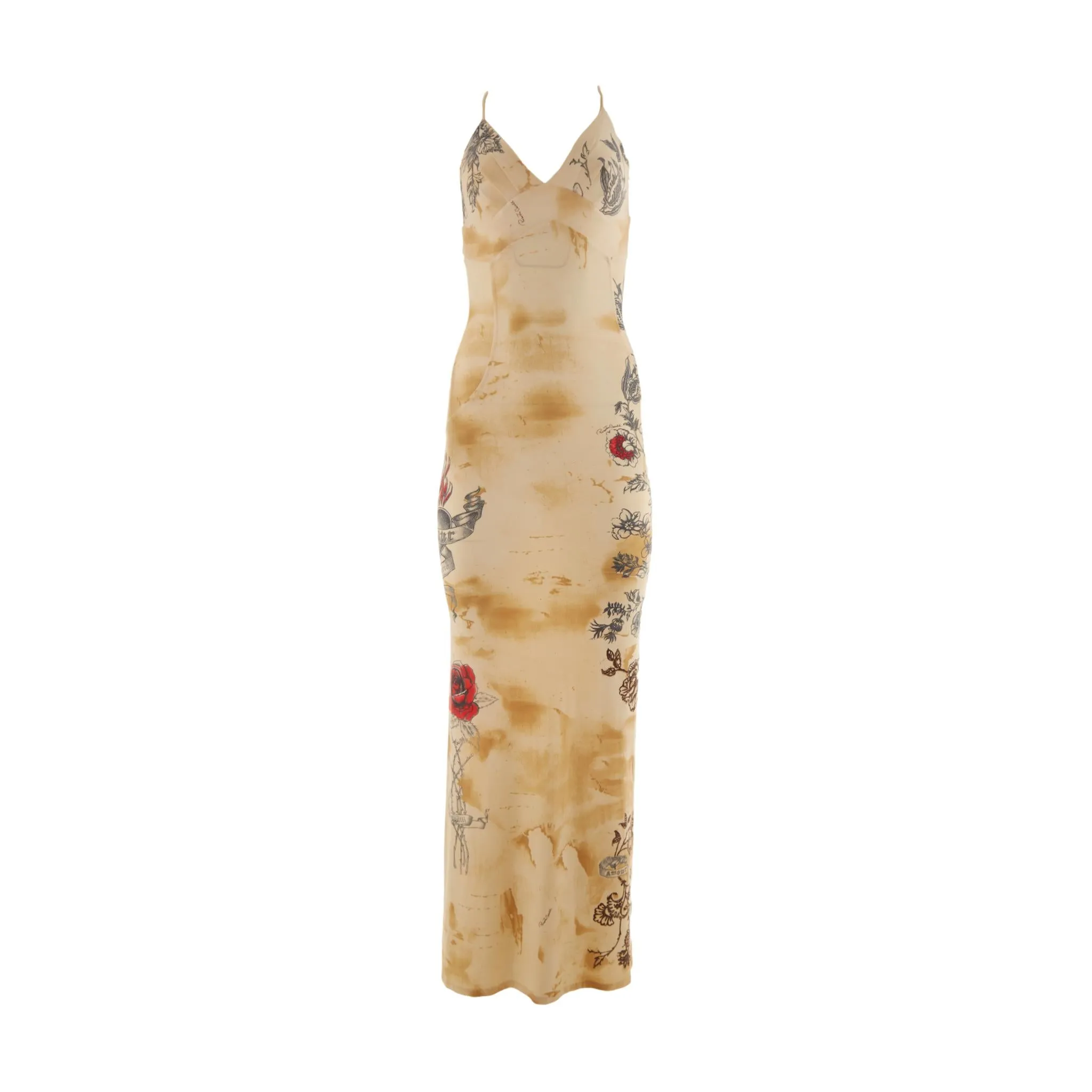 Roberto Cavalli Beige Tattoo Print Dress