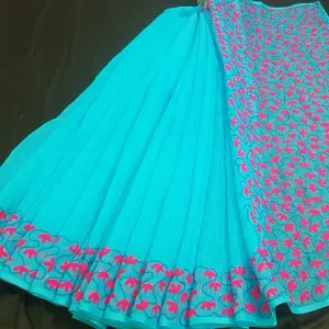 Sky Blue Kota Doria Embroidery Work Sari