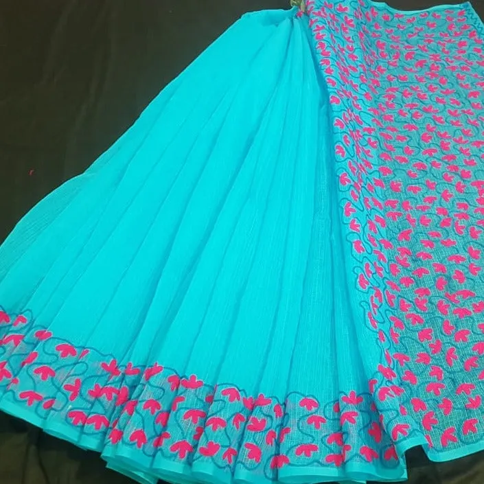 Sky Blue Kota Doria Embroidery Work Sari
