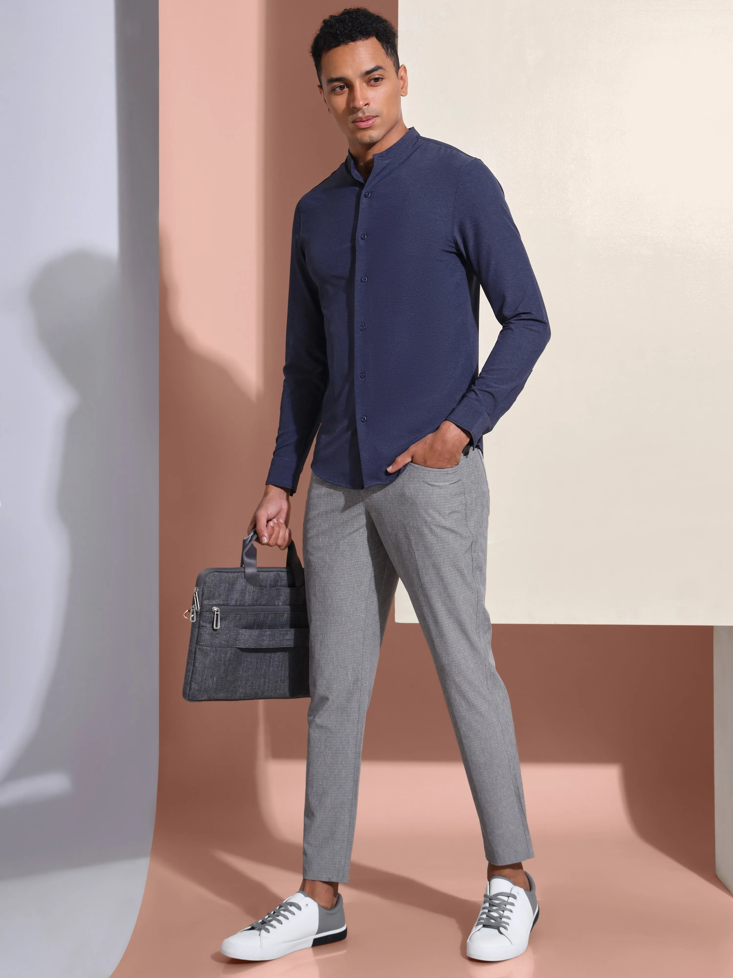 Slim Fit Band Collar Solid Shirt