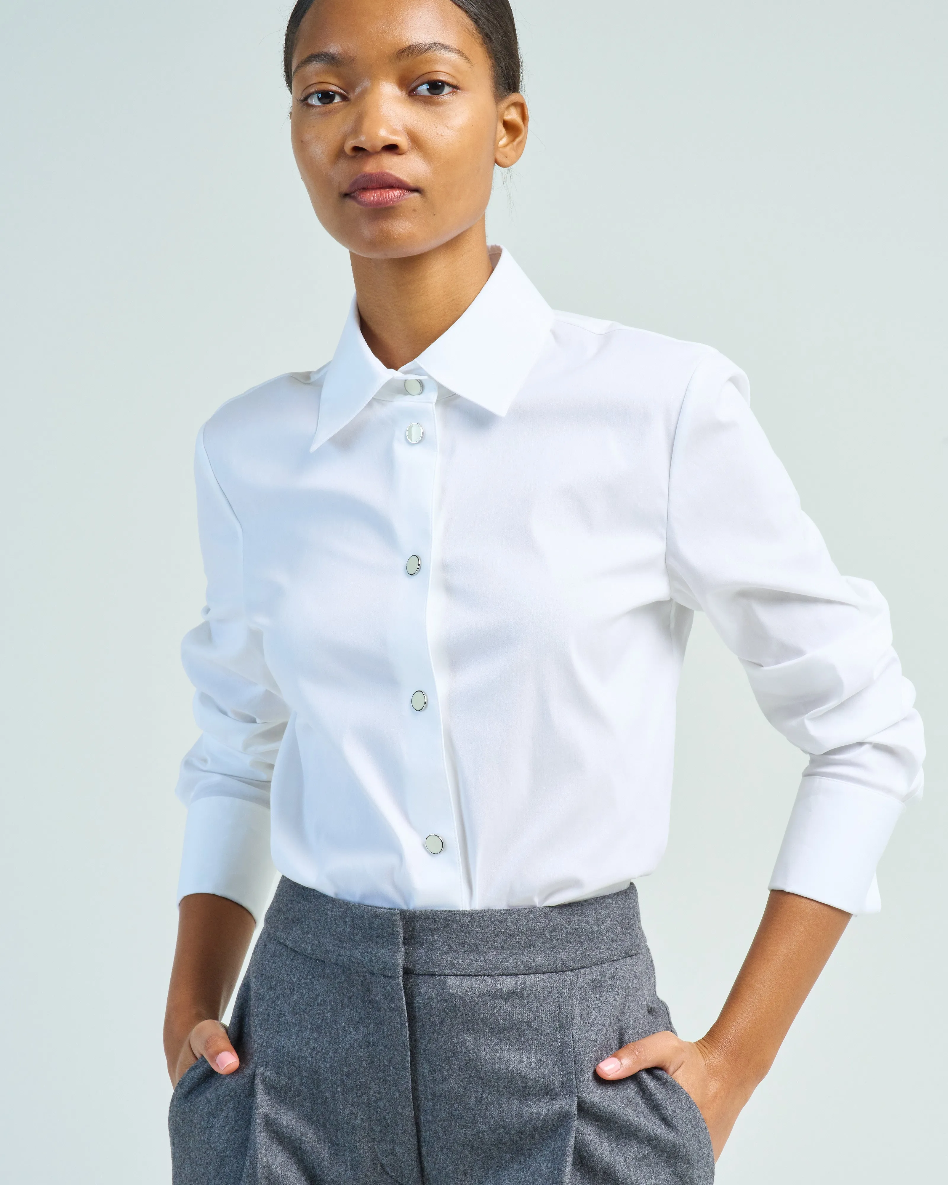 snap button front slim blouse
