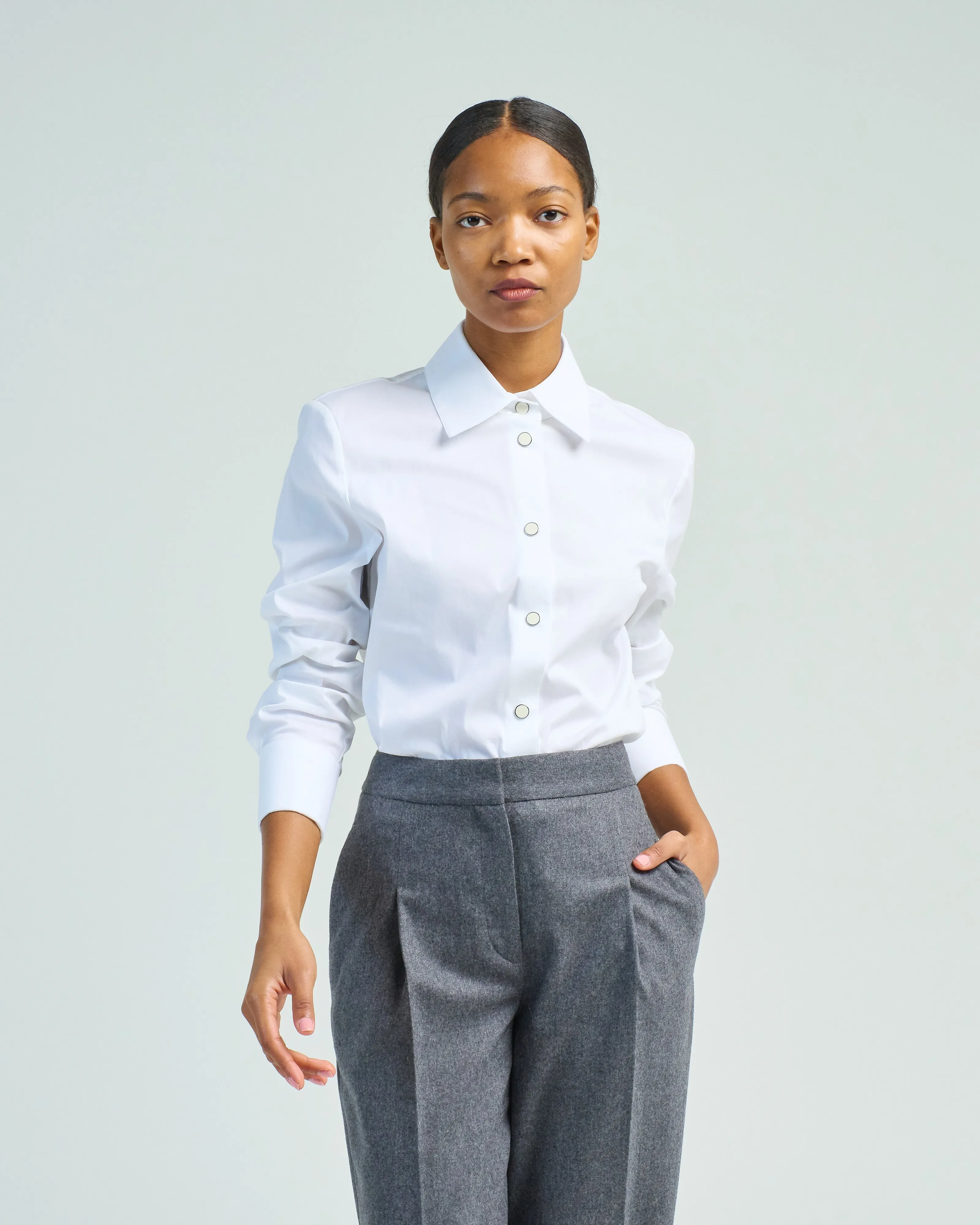 snap button front slim blouse