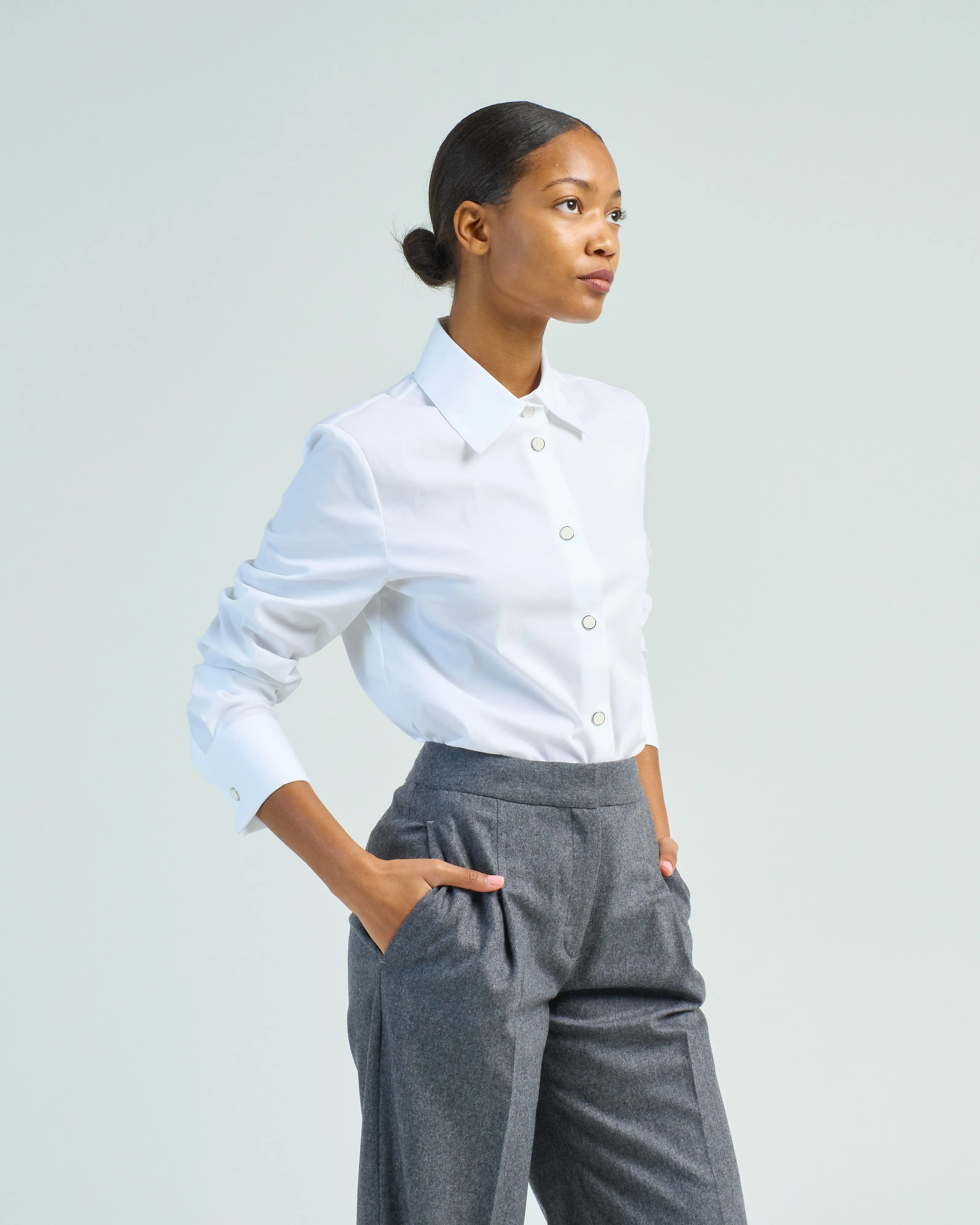 snap button front slim blouse