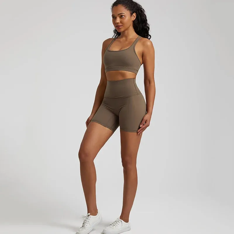 Soft Nylon Spandex Yoga Set - Workout Outfits for Women, Sport Bra, High Waist Shorts, 2 Piece Sets, Running Sportswear, Gym Clothing